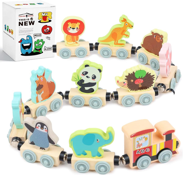LovesTown 11PCS Magnetic Wooden Animals Train Set - Montessori Toys for Preschool Learning Activities