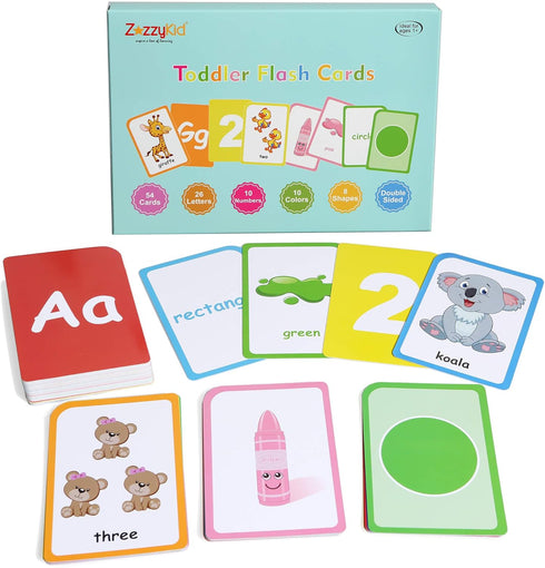 ZazzyKid Flash Cards for Toddlers - 54 Double Sides Flashcards for Alphabets, Numbers, Colors, Shapes
