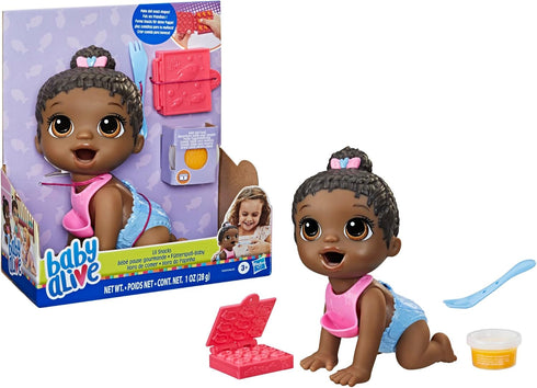 Baby Alive Lil Snacks Doll, Snack-Themed 8-Inch Baby Doll, Snack Box Mold, Toy for Kids 3+, Black Hair