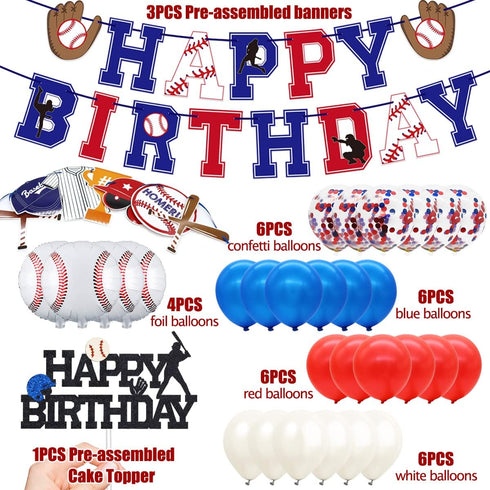 Baseball Birthday Party Decorations Supplies for Boys, Happy Birthday Banner, Cake Topper, Balloons