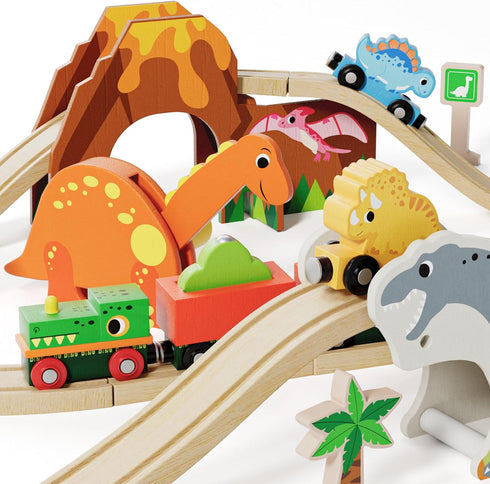 Lehoo Castle Wooden Train Set, Dinosaur Wooden Train Track Set for Toddlers 2-4, Fits Thomas and Brio
