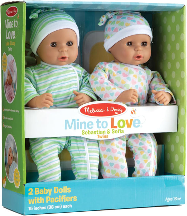 Melissa & Doug Mine to Love Twins Sebastian & Sofia 15” Baby Dolls with Rompers, Caps, Pacifiers, Medium Skin-Tone