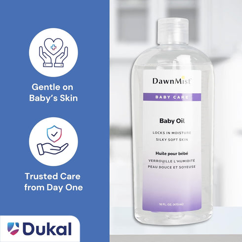 16 oz. (Pack 1) DawnMist Dukal Baby Oil with Dispensing Cap, Bottle of Hypoallergenic, Moisturizing Baby Skin Care