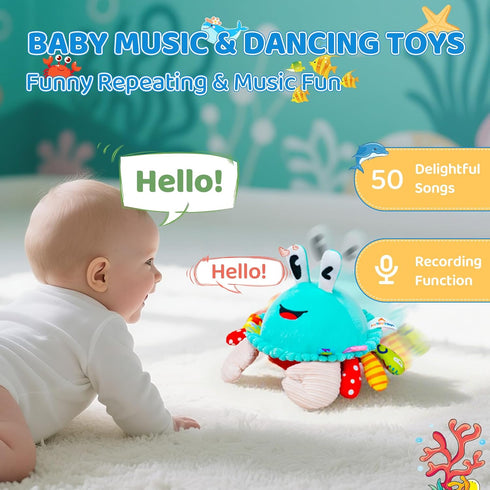 JoySpark Toys 12-18 50 6-12 Tummy 1 Baby Toys Months, Musical Crawling Crab Baby Plush Toy, Songs & Recording Feature