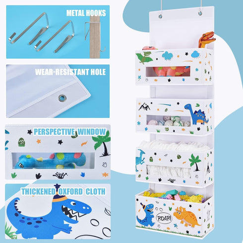 4 Closet WERNNSAI Dinosaur Over Door Hanging Organizer - Behind Door Storage with Clear Window Pockets for Baby Boys
