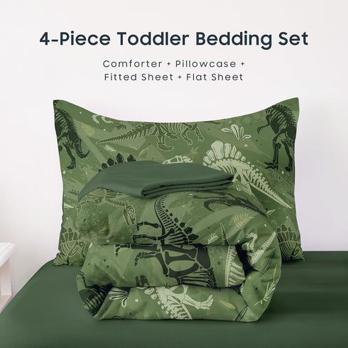 Set 4 Set Wake In Cloud - Dinosaur Toddler Bedding for Boys, Colorful Dino Prehistoric Fossil, Pieces Soft Crib Bed