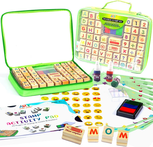 Set 72 3-Color 3 Wooden Large Stamp Premium for Kids. Pcs Alphabet Stamps. Letters, Numbers, Washable Ink Pad, Refill
