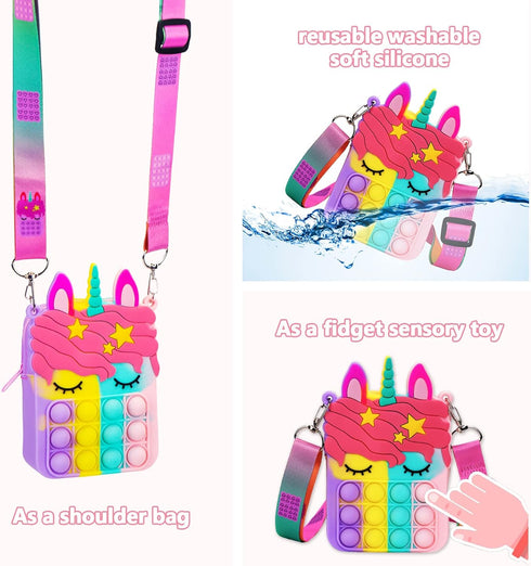 Civan Unicorn Pop It Purse Fidget Toy for Girls, Silicone Cartoon Bag for Kids, Sensory Popper Gift for Birthday