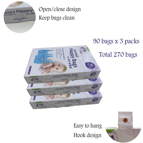 270 Diaper Disposal Bags for Baby,On The Go,Fresh Light Baby Powder Faint Scented,Easy Tie Handles, Diaper Bags