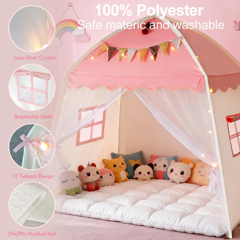 Setup 3-12 59x39x59 Kids Play Tent Indoor Teepee: Princess Castle Reading Nook with Mat Lights Carry Bag Mesh Windows