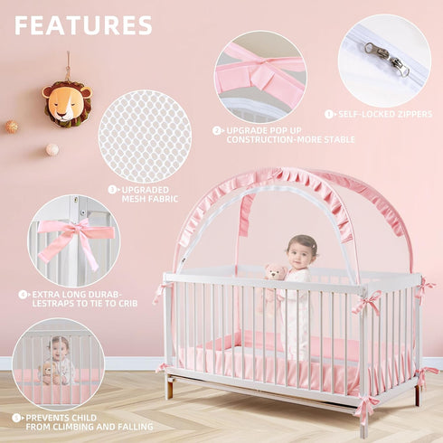 55" 27" 51" Lazyzzzz Crib Tent - Pop Up Crib Canopy with Double Zipper Self-Locked, Mosquito Net Mesh Crib Net to Keep