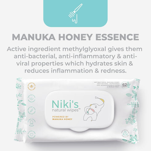 248 (4 Pack 62 Count Niki's Natural Baby Wipes | Sensitive Organic Baby Wipes | Made with Manuka Honey and Coconut Oil