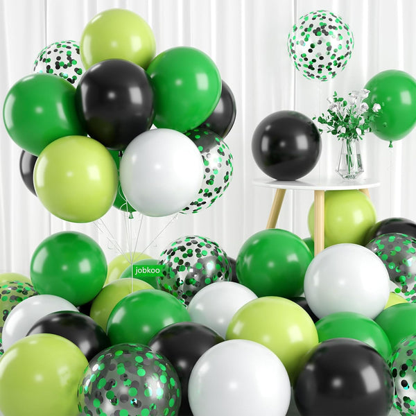 Green Black and White Balloons - 60 PCS Set with Confetti Balloons for Video Game Football Theme Party
