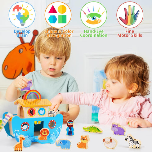 2 3 4 2-4 Toddlers Noah's Ark Toys with Wooden Animal Shape Sorters, Baptism Gifts for Girls Boys Years Old, Montessori
