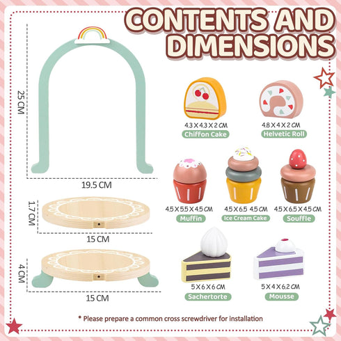Wooden Cake Toys Tea Party Set - Desserts Food Toy with Cupcake Stand, Pretend Play Kitchen Accessories