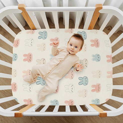 SUABO Rabbit Face Pattern Crib Sheets Stretchy Portable Sheets for Baby Toddler Breathable Soft Crib Mattress Sheet