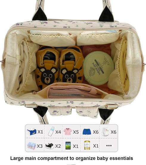 Yusudan Backpack Corduroy Diaper Bag for Baby Girls Boys, Women Large Nappy Bags for Mom (Beige Corduroy Floral Purple)