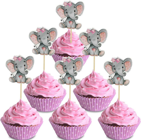 Yuntop 36 Pink Elephant Cupcake Toppers - Baby Shower, Birthday Party Supplies, Cute Baby Girl Cake Decorations