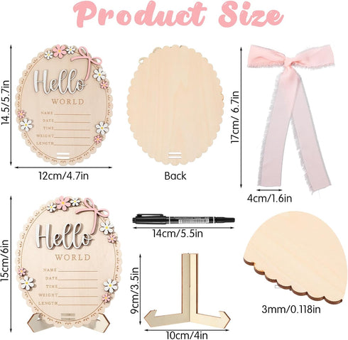 Tucnoeu Baby Announcement Sign, Wooden Hello World Newborn Welcome Sign, Bow Birth Stats Signs Newborn Photo Prop