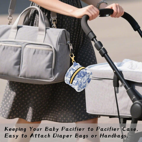 YETTASBIN Blue Flower Portable Pacifier Holder Case with Metal Hook Buckle & Zipper for Diaper Bag and Stroller