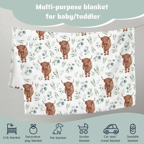 Highland Cow Eucalyptus Leaf Baby Blanket, Western Farm Animal Yak Flannel Fleece Nursery Swaddle Receiving Blankets,