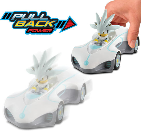 NKOK Team Sonic Pull Back Racer - Silver Sonic; No batteries required; Pull back, Let go, and Watch Silver race