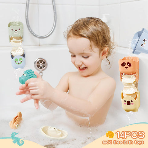 Bath Toys for Kids Ages 1-3, 14 Pack Water Table Bathtub Bath Toy, Toddler Water Toys ,Floating Boats&Waterfall Bath Cups and No Hole Bath Toys for Toddler Birthday Present for Preschool Boys/Girls