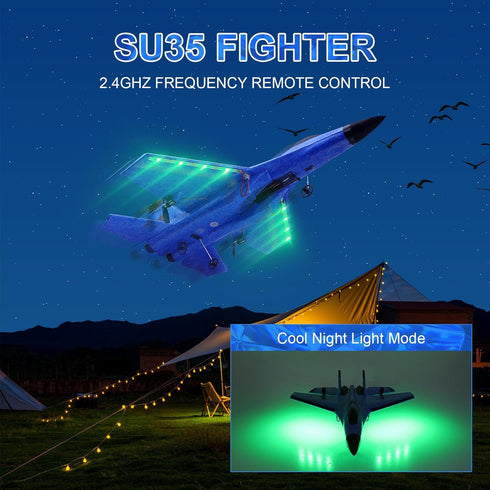 RC Plane 2CH Remote Control SU35 Jet, 2.4GHz Easy to Fly Airplane Toys for Kids and Adults with Night Lights