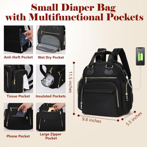 Backpack Pad,13 Diaper Bag Travel Baby Bag with Changing Pockets, Insulated Pockets,USB Charging Port,Baby Shower