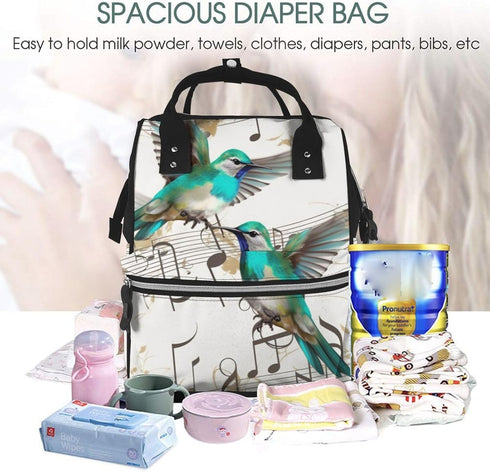 FHEDVBN Backpack Mummy Backpacks Daypack Teal Birds Musical Note Diaper Bag for Women Multifunction Waterproof for Mom