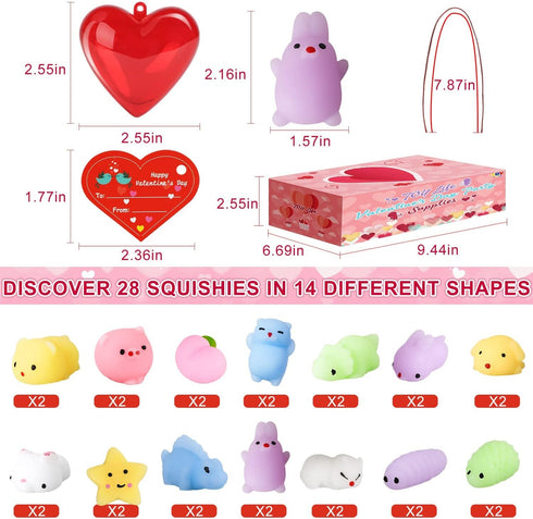 28pcs TOY Life Mochi Squishy Toys Birthday Gifts for Kids Classroom with Filled Hearts & Birthday Cards Kawaii