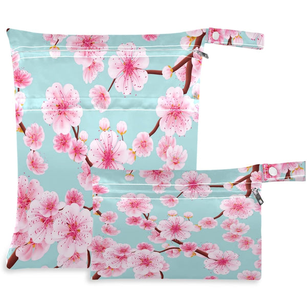 visesunny Pink Cherry Blossom Blue Pattern 2Pcs Wet Bag with Zippered Pockets Washable