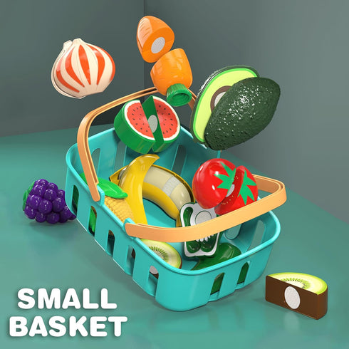 Cutting Play Food Toys for Kids, Pretend Kitchen Accessories, Fake Fruits/Vegetables Set with Storage Basket,