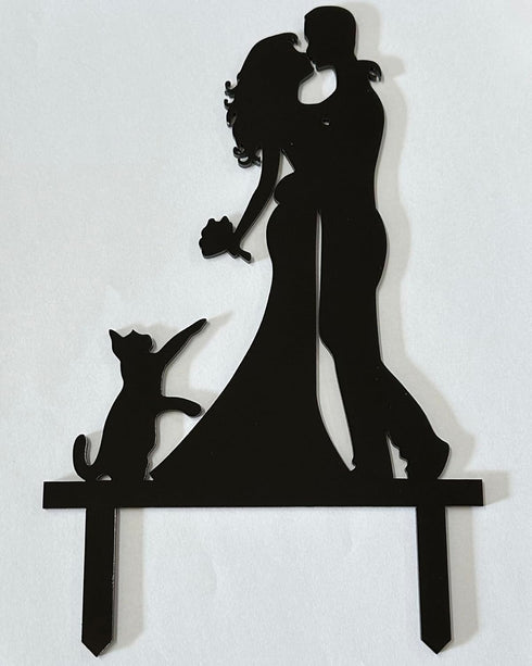 Wedding Anniversary Cake Topper Couple Bride Groom Family with a Cat (Bride Groom One Cat, Black)