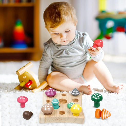 Wooden Toys Mushroom Toy Harvest Game Montessori Educational Learning Shape Sorting & Number Matching Games Sensory Training Easter Birthday Gift for Boys Girls Ages 3+