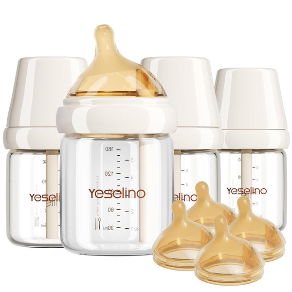 Natural Glass Baby Bottle 4 Pack with Extra Nipples - 2 Slow