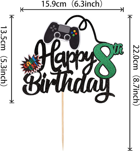 1 PCS Video Game Happy 8th Birthday Cake Topper, Glitter Cake Pick for Happy 8th Birthday Party Supplies Green