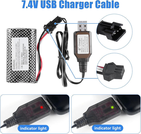 HJ 7.4V 1300mAh SM3P Li-ion Batteries with 2S Charging Cable for Hobby Remote & App Controlled Vehicle Toys