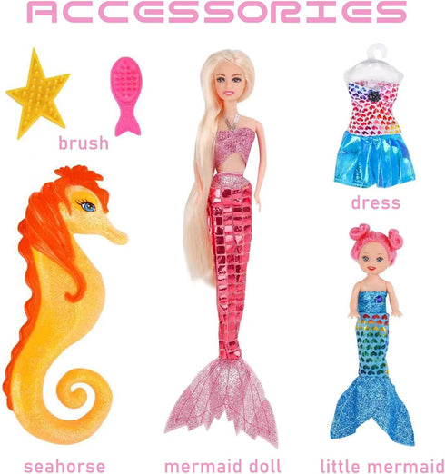 Princess Mermaid Dolls Playset, 12" Fashion Dress Doll with 4" Little Mermaid Seahorse Figurine and Accessories,Mermaid Toys Gifts for Girls Aged 3 4 5 6 7 8