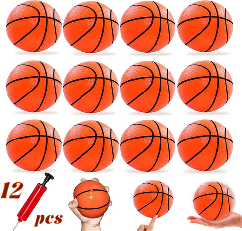 Hymaz 12 Pack 4 Inch Mini Basketballs for Kids, Rubber Inflatable Balls with Pump for Sports Party Favors