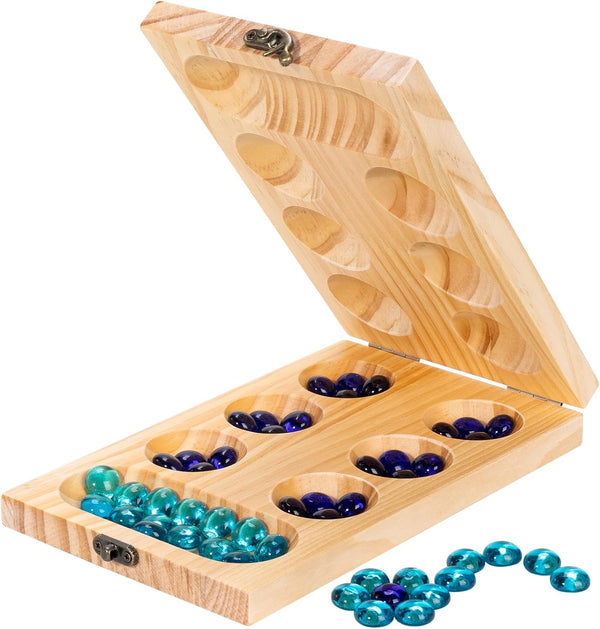 Wooden Mancala Board Game Set, Larger Size Mancala Instructions, Portable Travel Game for Kids and Adults