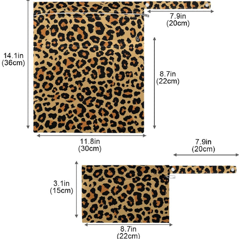 visesunny 2Pcs 2 Leopard Grain Wet Bag with Zippered Pockets Snap Handle Washable Reusable Roomy