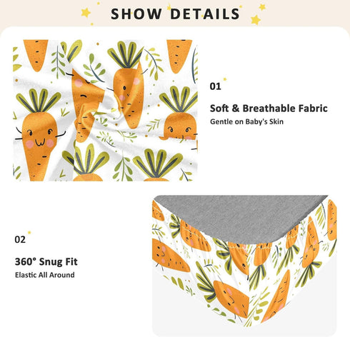 KICPOAY 52x28 Cute Carrots Leaves Toddler Bed Crib Sheets Baby Crib Sheets Cover for Soft Mini Crib Mattress