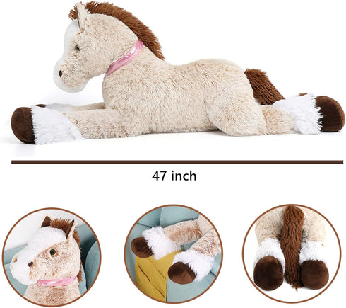 Tezituor 4ft Giant Horse Stuffed Animal, 47 Inch Soft Plush Hugging Pillow, Realistic Large Brown Horse Toy