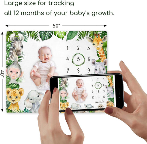 Safari Milestone Blanket, Jungle Animals Baby Growth Chart Monthly Blanket, Watch Me Grow Jungle Wild Baby Nursery for New Moms Baby Shower(50"x40") by Yuzioey