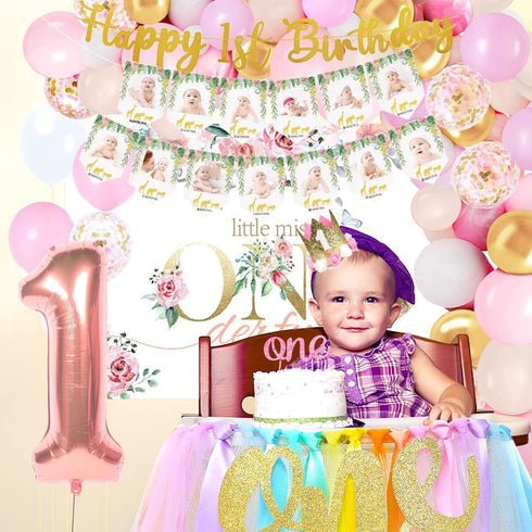 PYCALOW 1st 1st First Birthday Decorations Girl - Girl Decorations Include Balloon Garland Arch, Box, Backdrop, Hat