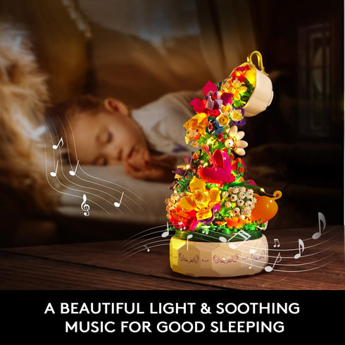 571PCS Set 6+ HOGOKIDS Flowers Music Box Building Block Kit with Light- Valentines Day Gifts Decoration Rotating Music