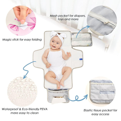 Msyxl Portable Changing Pad for Baby - Pink Bows Waterproof Diaper Changing Mat Travel Changing Pad with Built
