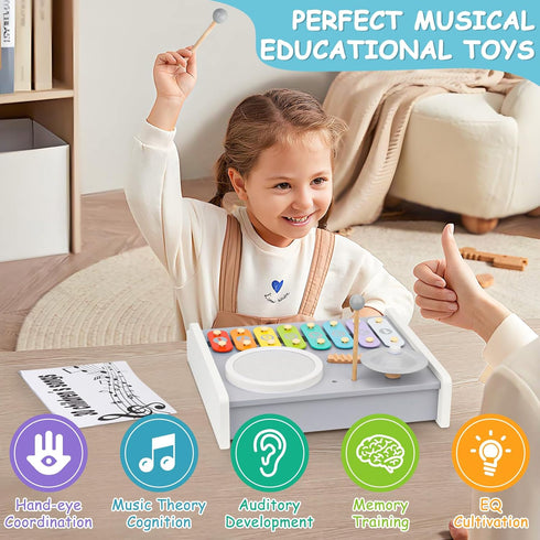 Set 5 1 Kids Musical Instruments Piano Drum - in Montessori Toys for Toddler Baby, Wooden Music Kit with Piano Keyboard