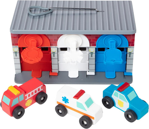 (7 3+ Melissa & Doug Toy Keys and Cars Wooden Rescue Vehicles and Garage pcs) Toddler Pull Back Toys, Toy Garage